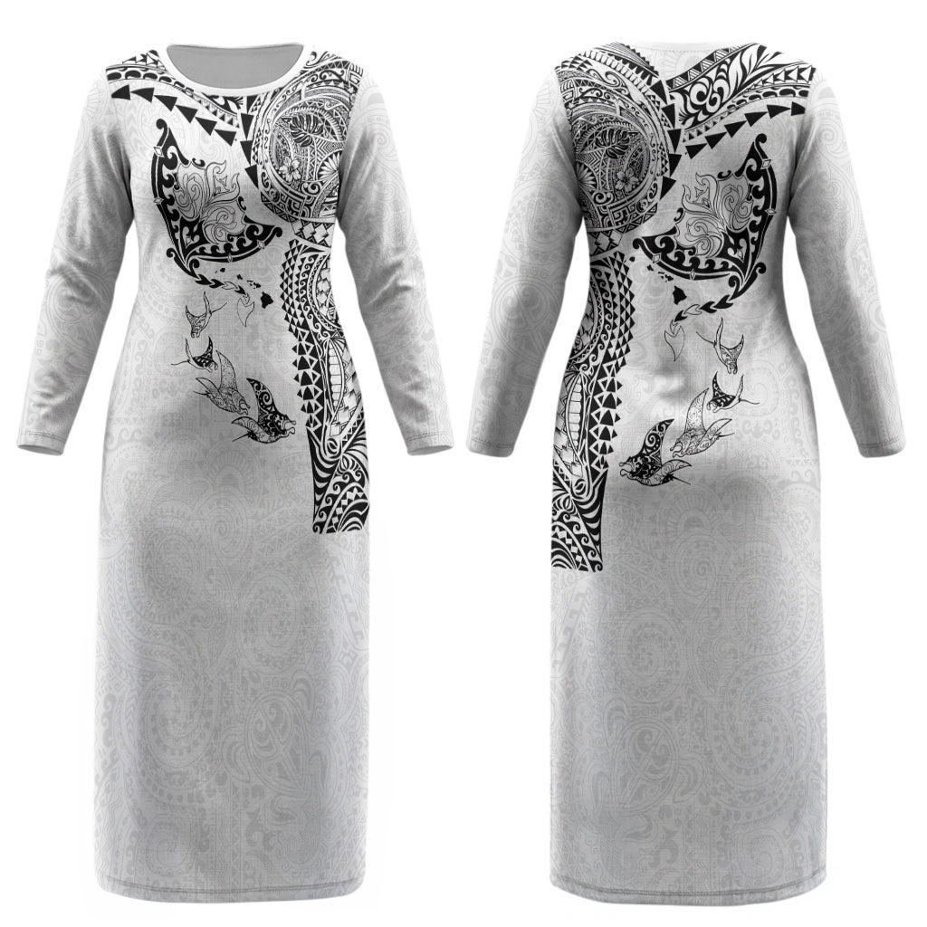 Hawaiian Manta Ray Tribal Couples Matching Long Sleeve Bodycon Dress and Long Sleeve Button Shirt Polynesian Art Motifs White Color LT03 - Polynesian Pride