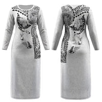 Hawaiian Manta Ray Tribal Couples Matching Long Sleeve Bodycon Dress and Long Sleeve Button Shirt Polynesian Art Motifs White Color LT03 - Polynesian Pride