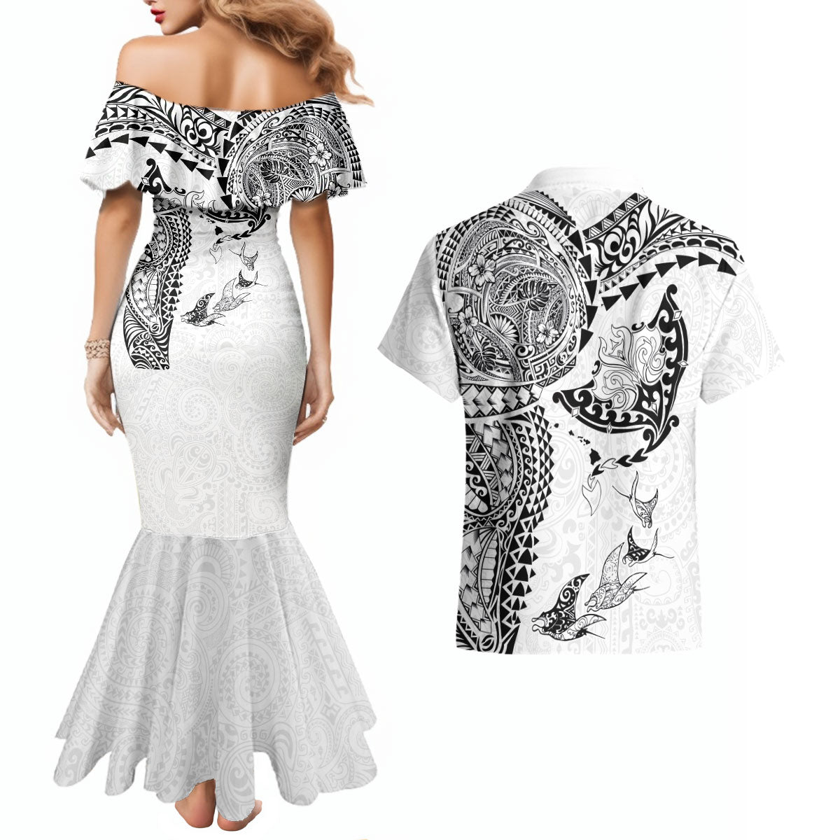 Hawaiian Manta Ray Tribal Couples Matching Mermaid Dress and Hawaiian Shirt Polynesian Art Motifs White Color
