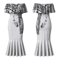 Hawaiian Manta Ray Tribal Couples Matching Mermaid Dress and Long Sleeve Button Shirt Polynesian Art Motifs White Color LT03 - Polynesian Pride