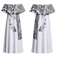 Hawaiian Manta Ray Tribal Couples Matching Off Shoulder Maxi Dress and Hawaiian Shirt Polynesian Art Motifs White Color LT03 - Polynesian Pride