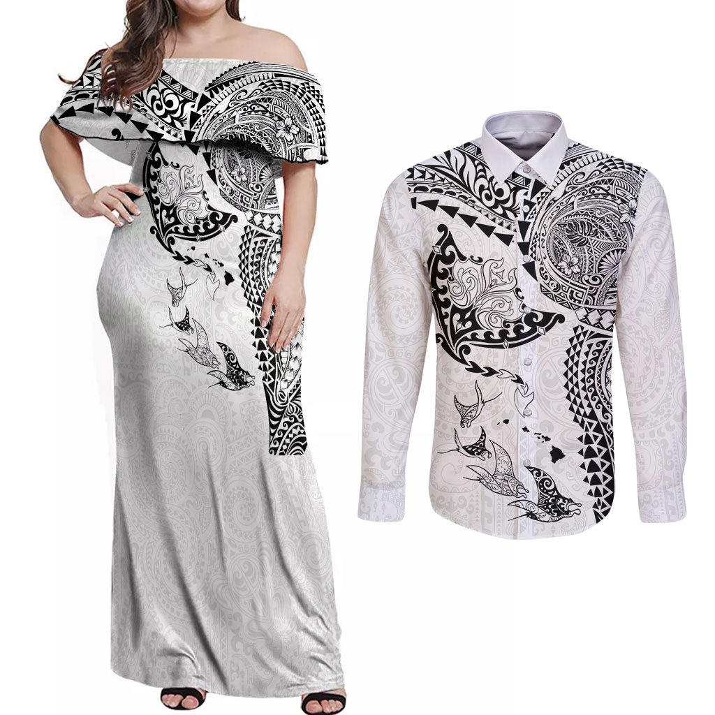 Hawaiian Manta Ray Tribal Couples Matching Off Shoulder Maxi Dress and Long Sleeve Button Shirt Polynesian Art Motifs White Color