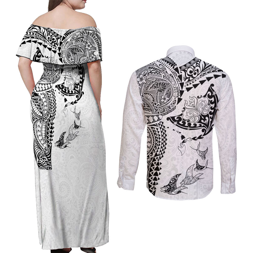 Hawaiian Manta Ray Tribal Couples Matching Off Shoulder Maxi Dress and Long Sleeve Button Shirt Polynesian Art Motifs White Color