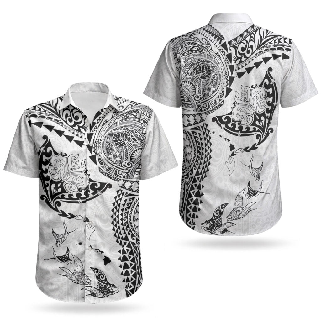 Hawaiian Manta Ray Tribal Couples Matching Off Shoulder Short Dress and Hawaiian Shirt Polynesian Art Motifs White Color LT03 - Polynesian Pride