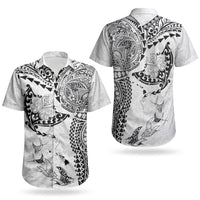 Hawaiian Manta Ray Tribal Couples Matching Off Shoulder Short Dress and Hawaiian Shirt Polynesian Art Motifs White Color LT03 - Polynesian Pride
