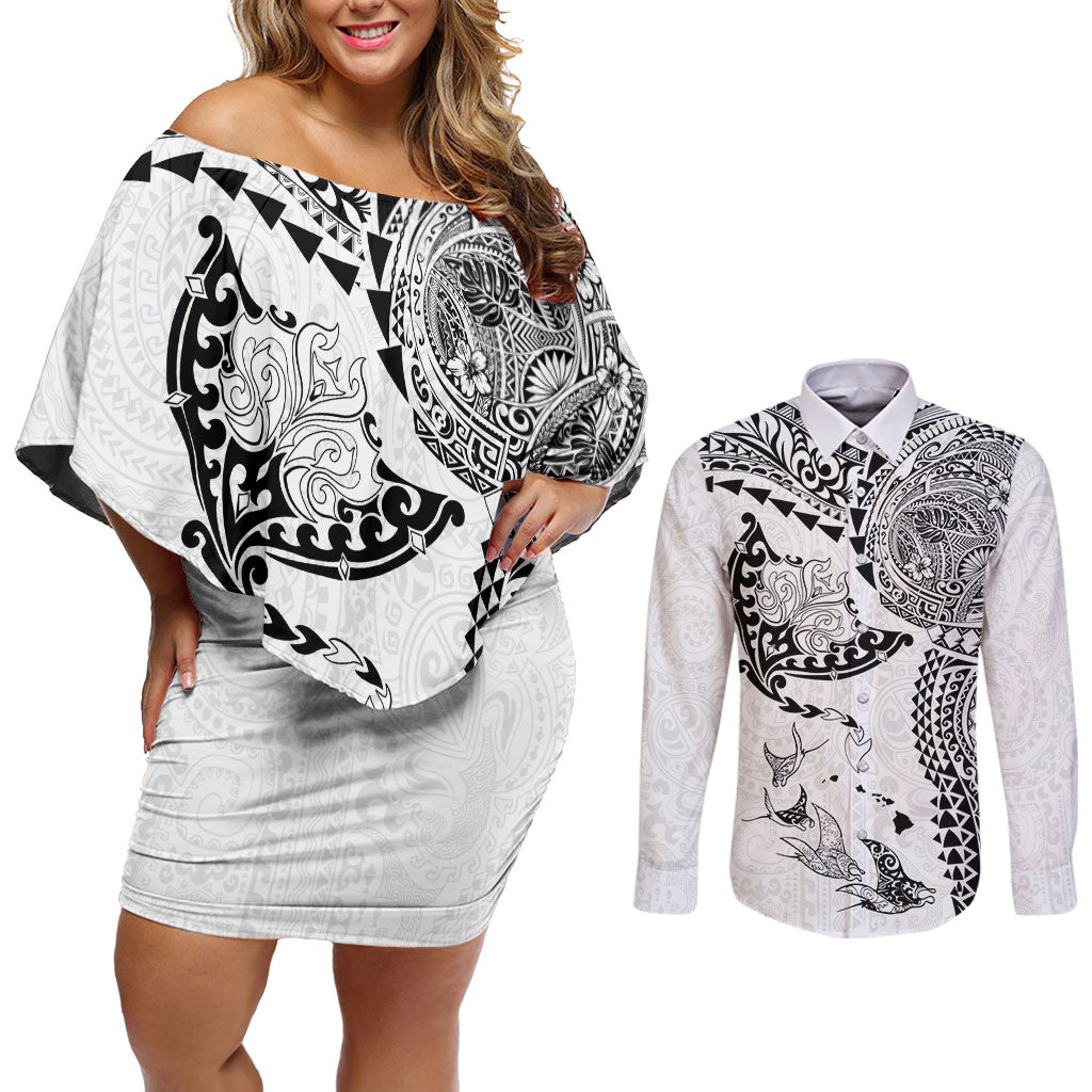 Hawaiian Manta Ray Tribal Couples Matching Off Shoulder Short Dress and Long Sleeve Button Shirt Polynesian Art Motifs White Color