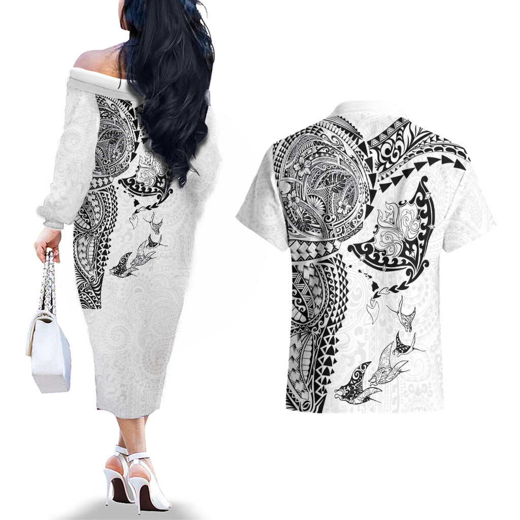 Hawaiian Manta Ray Tribal Couples Matching Off The Shoulder Long Sleeve Dress and Hawaiian Shirt Polynesian Art Motifs White Color