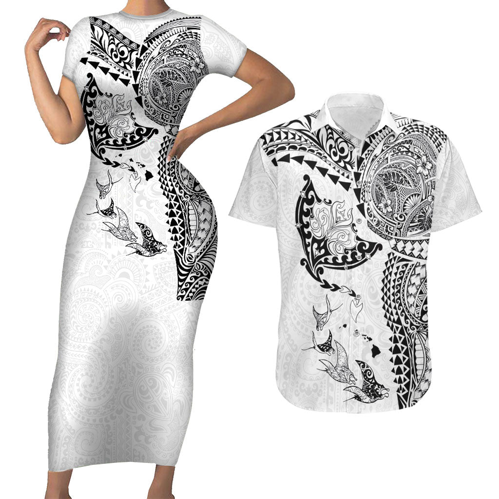 Hawaiian Manta Ray Tribal Couples Matching Short Sleeve Bodycon Dress and Hawaiian Shirt Polynesian Art Motifs White Color