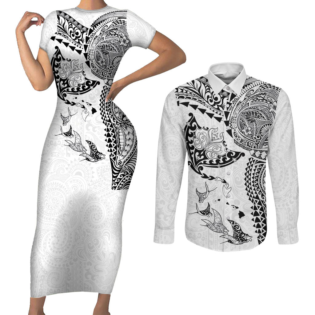 Hawaiian Manta Ray Tribal Couples Matching Short Sleeve Bodycon Dress and Long Sleeve Button Shirt Polynesian Art Motifs White Color