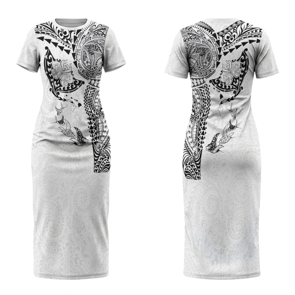Hawaiian Manta Ray Tribal Couples Matching Short Sleeve Bodycon Dress and Long Sleeve Button Shirt Polynesian Art Motifs White Color LT03 - Polynesian Pride