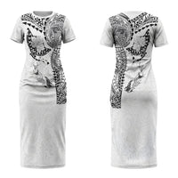 Hawaiian Manta Ray Tribal Couples Matching Short Sleeve Bodycon Dress and Long Sleeve Button Shirt Polynesian Art Motifs White Color LT03 - Polynesian Pride