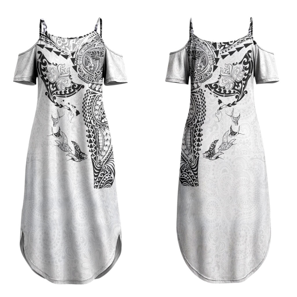 Hawaiian Manta Ray Tribal Couples Matching Summer Maxi Dress and Hawaiian Shirt Polynesian Art Motifs White Color LT03 - Polynesian Pride