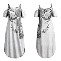 Hawaiian Manta Ray Tribal Couples Matching Summer Maxi Dress and Hawaiian Shirt Polynesian Art Motifs White Color LT03 - Polynesian Pride