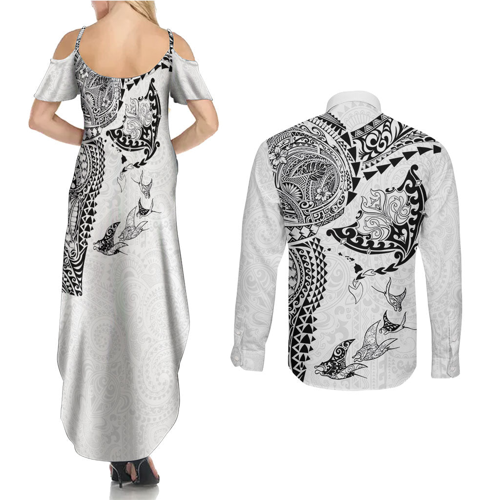 Hawaiian Manta Ray Tribal Couples Matching Summer Maxi Dress and Long Sleeve Button Shirt Polynesian Art Motifs White Color