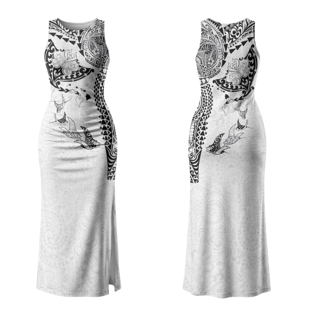 Hawaiian Manta Ray Tribal Couples Matching Tank Maxi Dress and Long Sleeve Button Shirt Polynesian Art Motifs White Color LT03 - Polynesian Pride