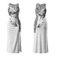 Hawaiian Manta Ray Tribal Couples Matching Tank Maxi Dress and Long Sleeve Button Shirt Polynesian Art Motifs White Color LT03 - Polynesian Pride