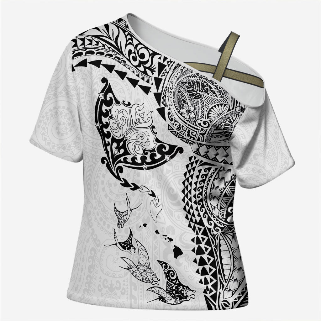 Hawaiian Manta Ray Tribal Cross Shoulder Shirt Polynesian Art Motifs White Color LT03 Female White - Polynesian Pride