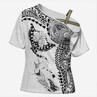 Hawaiian Manta Ray Tribal Cross Shoulder Shirt Polynesian Art Motifs White Color LT03 Female White - Polynesian Pride