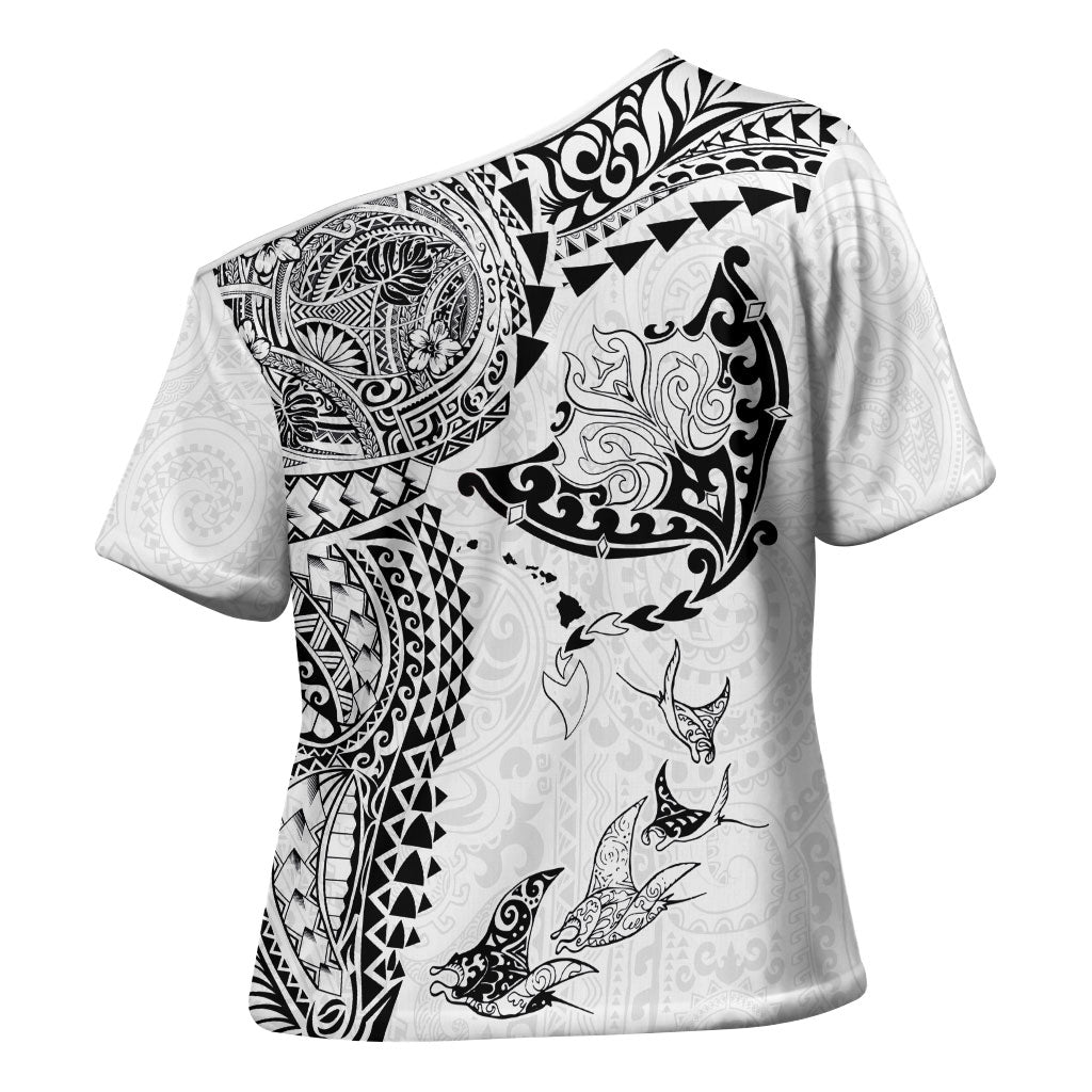 Hawaiian Manta Ray Tribal Cross Shoulder Shirt Polynesian Art Motifs White Color LT03 - Polynesian Pride