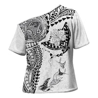 Hawaiian Manta Ray Tribal Cross Shoulder Shirt Polynesian Art Motifs White Color LT03 - Polynesian Pride