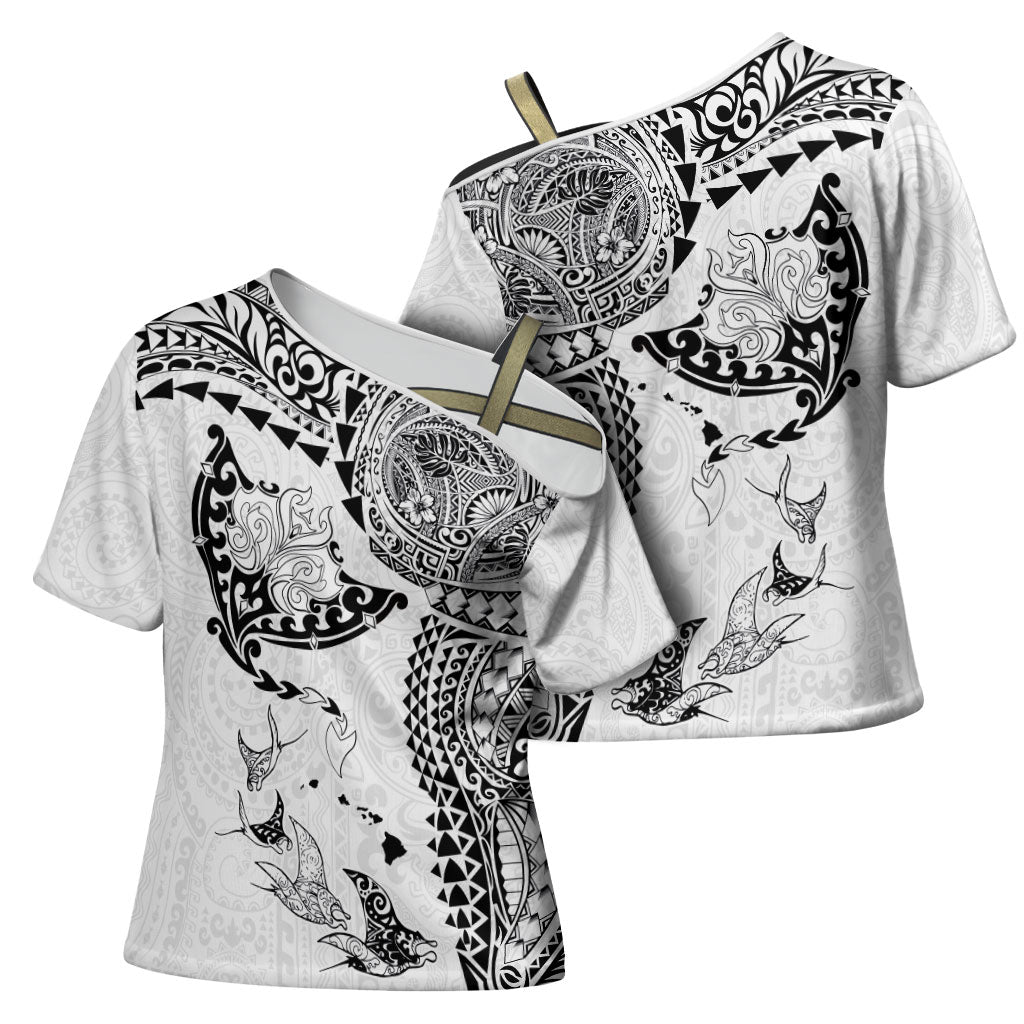 Hawaiian Manta Ray Tribal Cross Shoulder Shirt Polynesian Art Motifs White Color LT03 - Polynesian Pride