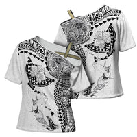 Hawaiian Manta Ray Tribal Cross Shoulder Shirt Polynesian Art Motifs White Color LT03 - Polynesian Pride