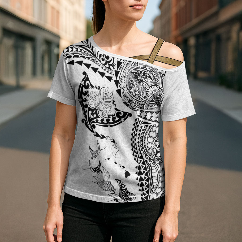 Hawaiian Manta Ray Tribal Cross Shoulder Shirt Polynesian Art Motifs White Color LT03 - Polynesian Pride