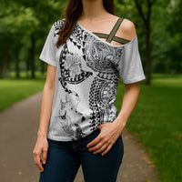 Hawaiian Manta Ray Tribal Cross Shoulder Shirt Polynesian Art Motifs White Color LT03 - Polynesian Pride