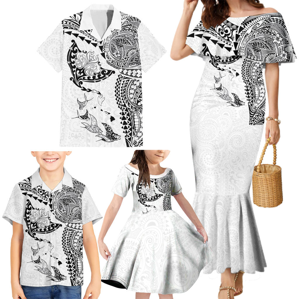 Hawaiian Manta Ray Tribal Family Matching Mermaid Dress and Hawaiian Shirt Polynesian Art Motifs White Color
