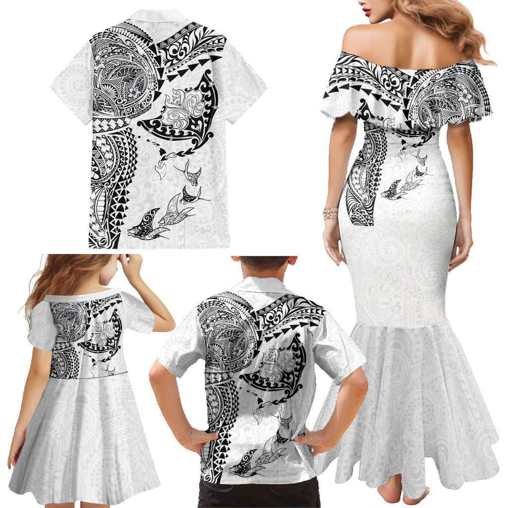 Hawaiian Manta Ray Tribal Family Matching Mermaid Dress and Hawaiian Shirt Polynesian Art Motifs White Color