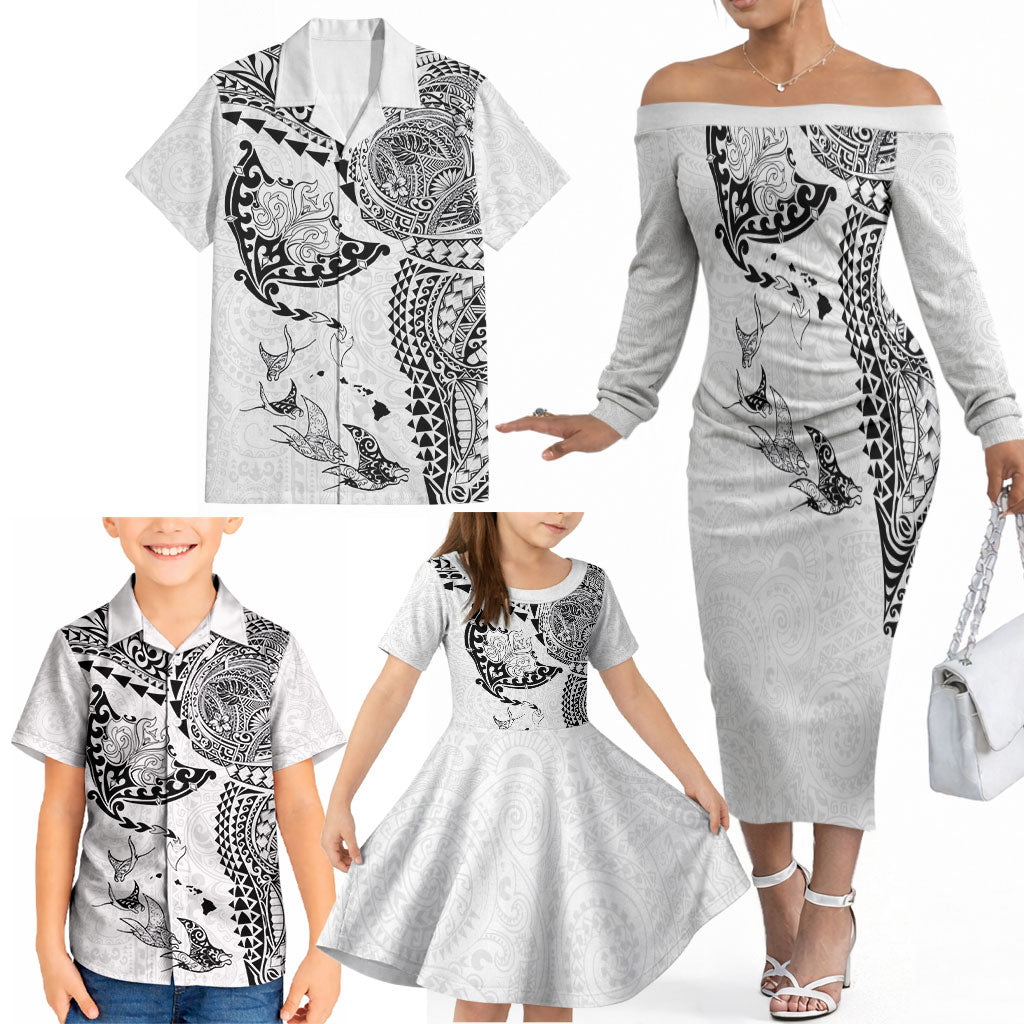 Hawaiian Manta Ray Tribal Family Matching Off The Shoulder Long Sleeve Dress and Hawaiian Shirt Polynesian Art Motifs White Color LT03 - Polynesian Pride
