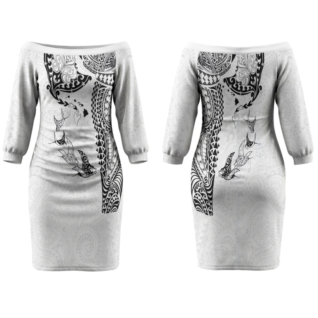 Hawaiian Manta Ray Tribal Family Matching Off The Shoulder Long Sleeve Dress and Hawaiian Shirt Polynesian Art Motifs White Color LT03 Mom's Dress White - Polynesian Pride