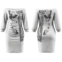 Hawaiian Manta Ray Tribal Family Matching Off The Shoulder Long Sleeve Dress and Hawaiian Shirt Polynesian Art Motifs White Color LT03 Mom's Dress White - Polynesian Pride