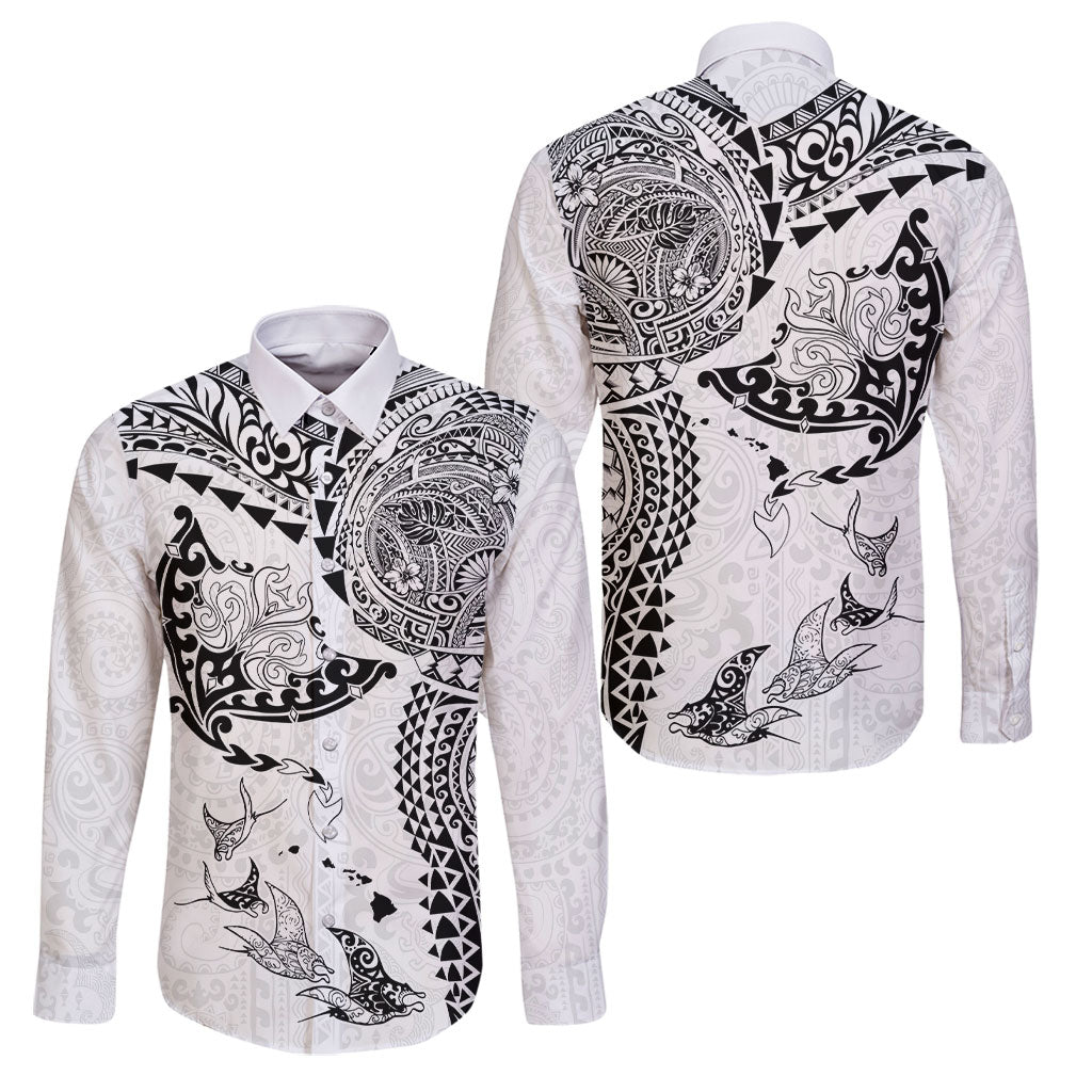 Hawaiian Manta Ray Tribal Family Matching Off The Shoulder Long Sleeve Dress and Hawaiian Shirt Polynesian Art Motifs White Color LT03 Dad's Shirt - Long Sleeve White - Polynesian Pride
