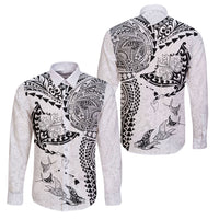 Hawaiian Manta Ray Tribal Family Matching Off The Shoulder Long Sleeve Dress and Hawaiian Shirt Polynesian Art Motifs White Color LT03 Dad's Shirt - Long Sleeve White - Polynesian Pride