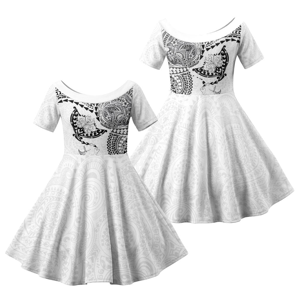 Hawaiian Manta Ray Tribal Family Matching Off The Shoulder Long Sleeve Dress and Hawaiian Shirt Polynesian Art Motifs White Color LT03 Daughter's Dress White - Polynesian Pride