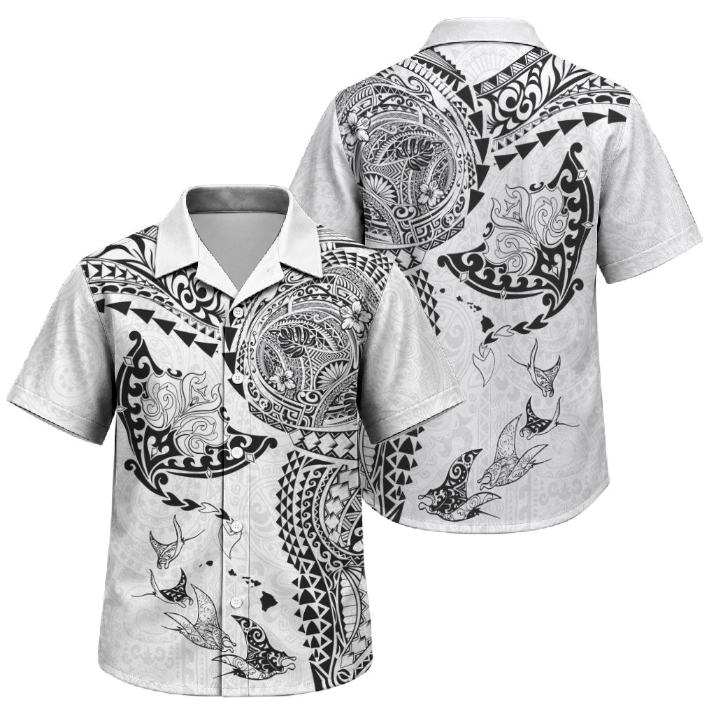 Hawaiian Manta Ray Tribal Family Matching Off The Shoulder Long Sleeve Dress and Hawaiian Shirt Polynesian Art Motifs White Color LT03 Son's Shirt White - Polynesian Pride