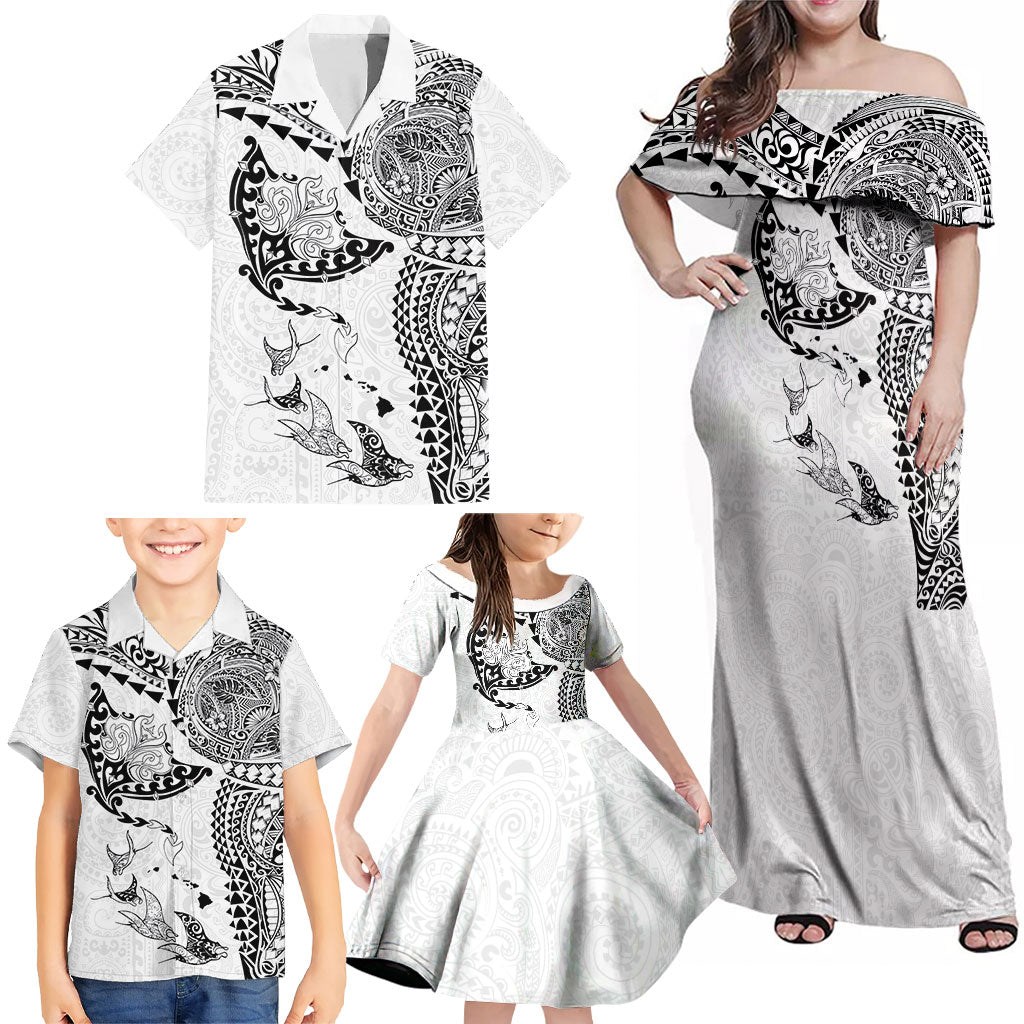 Hawaiian Manta Ray Tribal Family Matching Off Shoulder Maxi Dress and Hawaiian Shirt Polynesian Art Motifs White Color