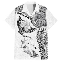 Hawaiian Manta Ray Tribal Family Matching Off Shoulder Maxi Dress and Hawaiian Shirt Polynesian Art Motifs White Color