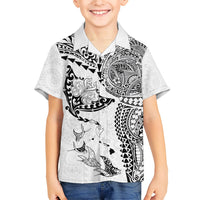Hawaiian Manta Ray Tribal Family Matching Off Shoulder Maxi Dress and Hawaiian Shirt Polynesian Art Motifs White Color