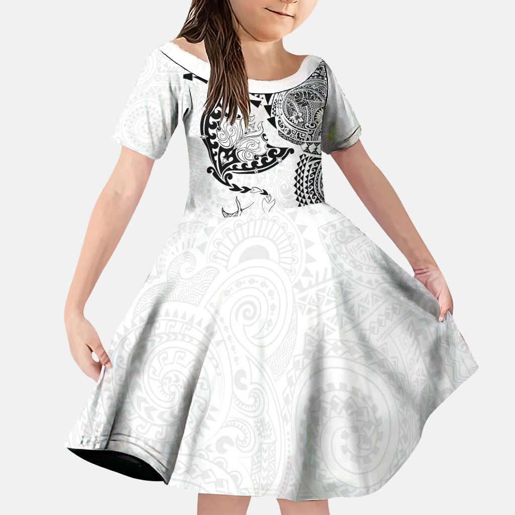 Hawaiian Manta Ray Tribal Family Matching Off Shoulder Short Dress and Hawaiian Shirt Polynesian Art Motifs White Color