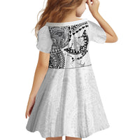 Hawaiian Manta Ray Tribal Family Matching Off Shoulder Short Dress and Hawaiian Shirt Polynesian Art Motifs White Color