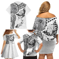 Hawaiian Manta Ray Tribal Family Matching Off Shoulder Short Dress and Hawaiian Shirt Polynesian Art Motifs White Color