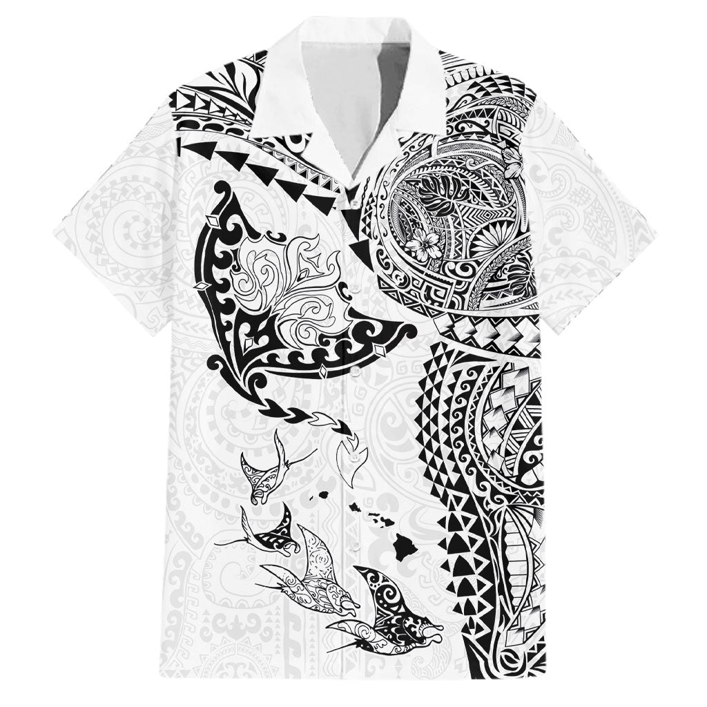 Hawaiian Manta Ray Tribal Family Matching Off Shoulder Short Dress and Hawaiian Shirt Polynesian Art Motifs White Color
