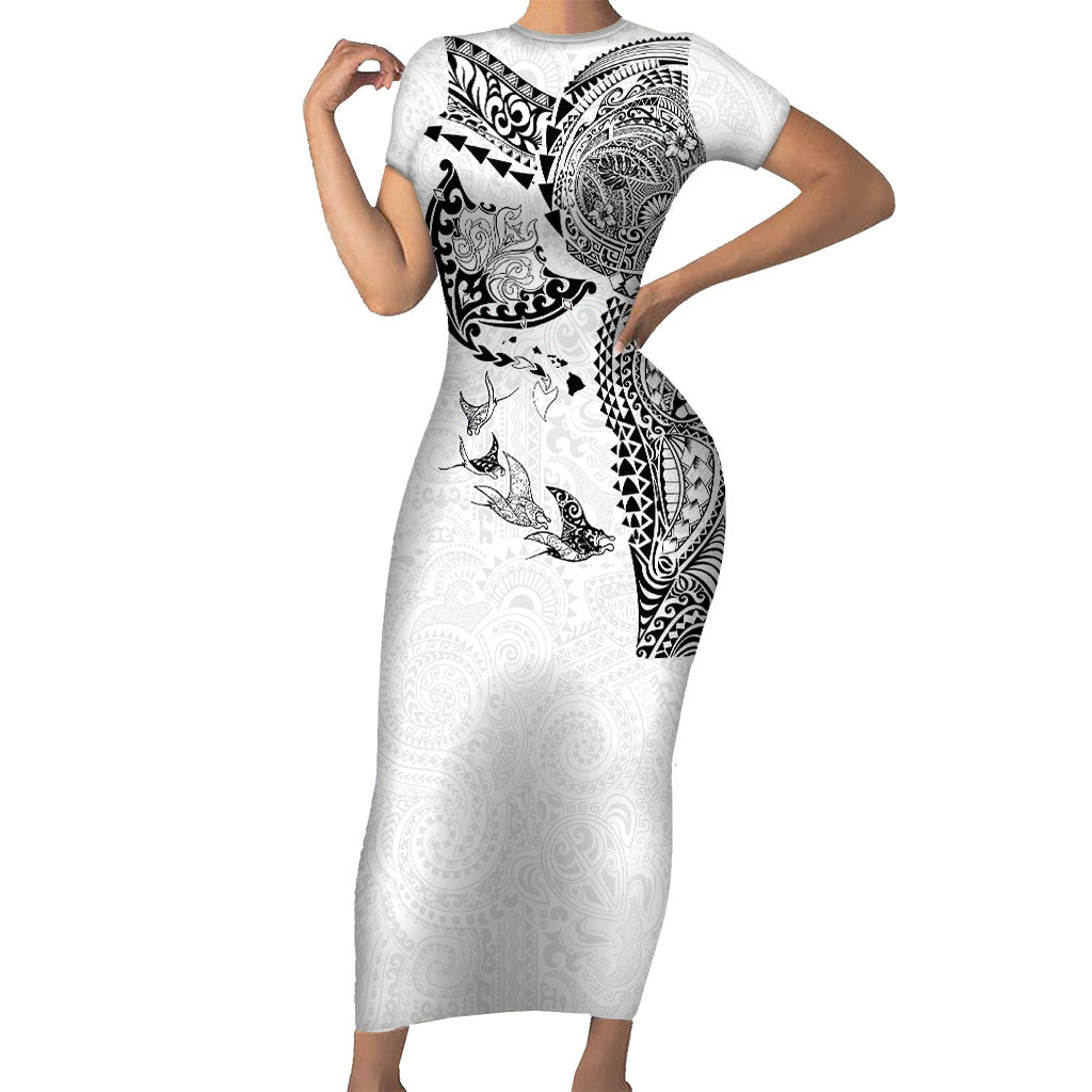 Hawaiian Manta Ray Tribal Family Matching Short Sleeve Bodycon Dress and Hawaiian Shirt Polynesian Art Motifs White Color