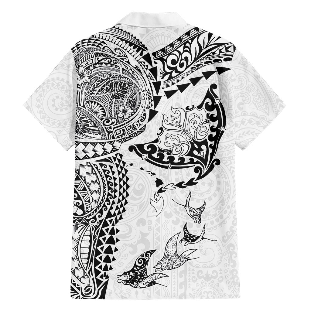 Hawaiian Manta Ray Tribal Family Matching Summer Maxi Dress and Hawaiian Shirt Polynesian Art Motifs White Color