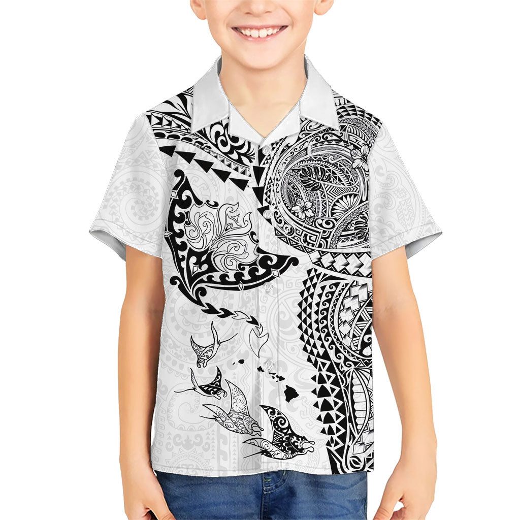 Hawaiian Manta Ray Tribal Family Matching Tank Maxi Dress and Hawaiian Shirt Polynesian Art Motifs White Color