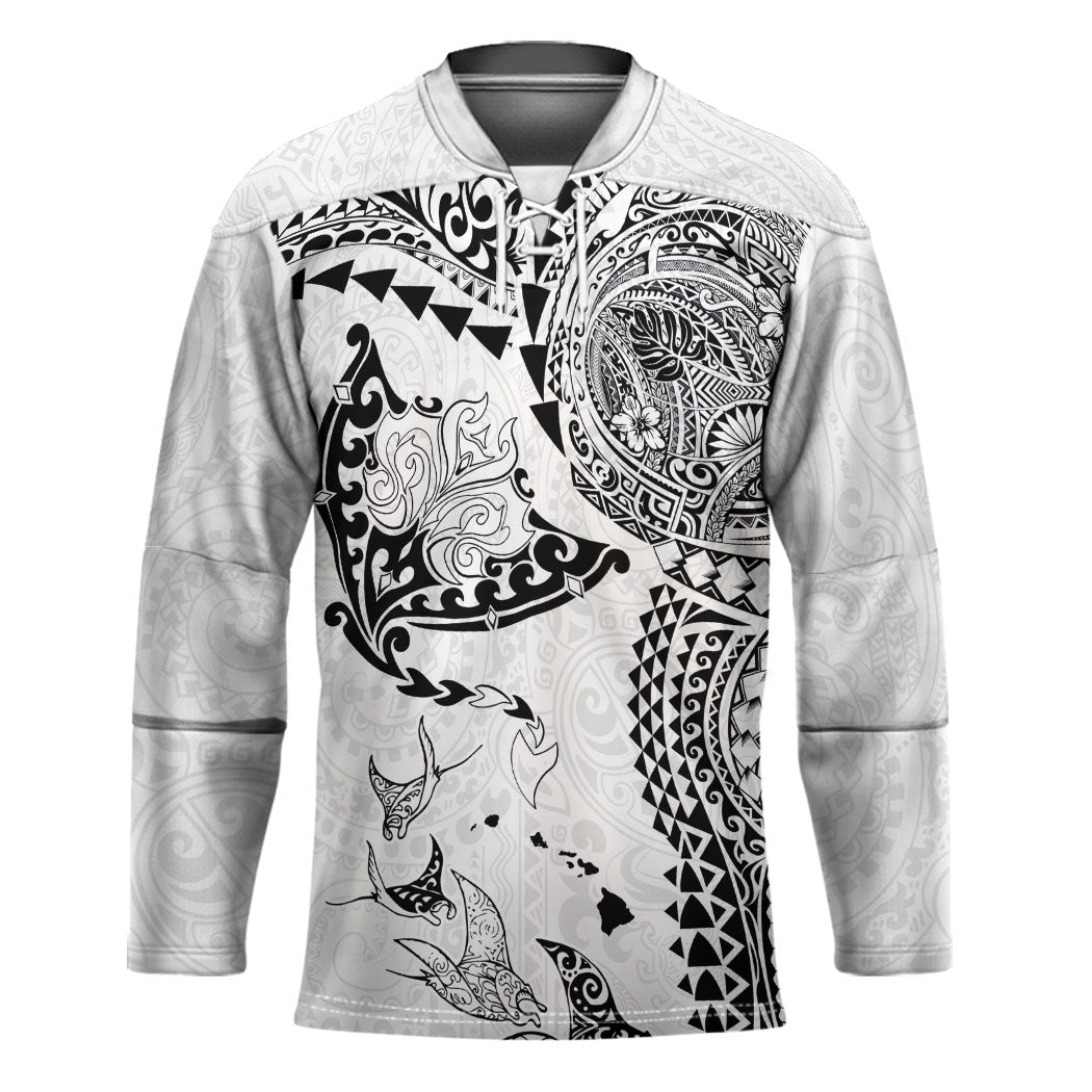 Hawaiian Manta Ray Tribal Hockey Jersey Polynesian Art Motifs White Color LT03 Unisex White - Polynesian Pride