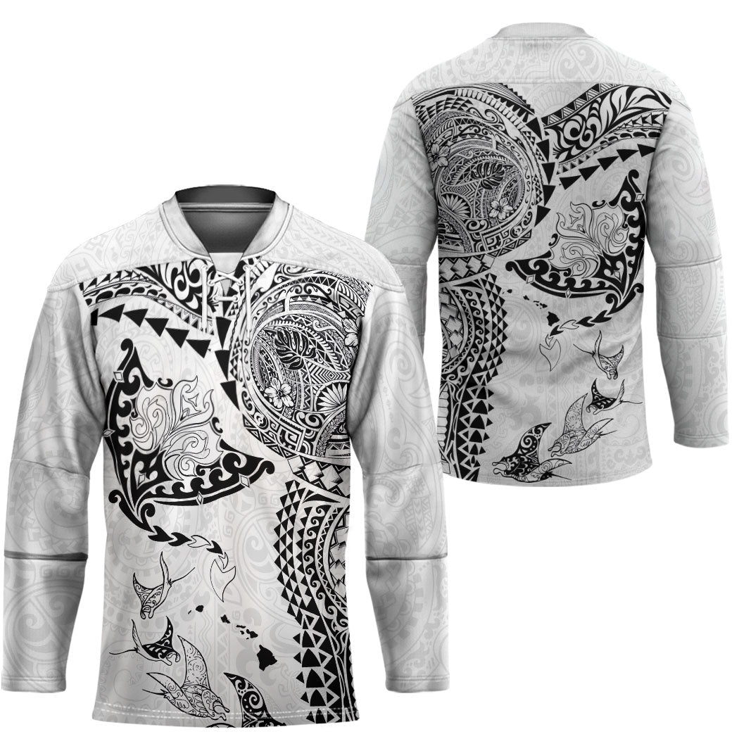 Hawaiian Manta Ray Tribal Hockey Jersey Polynesian Art Motifs White Color LT03 - Polynesian Pride