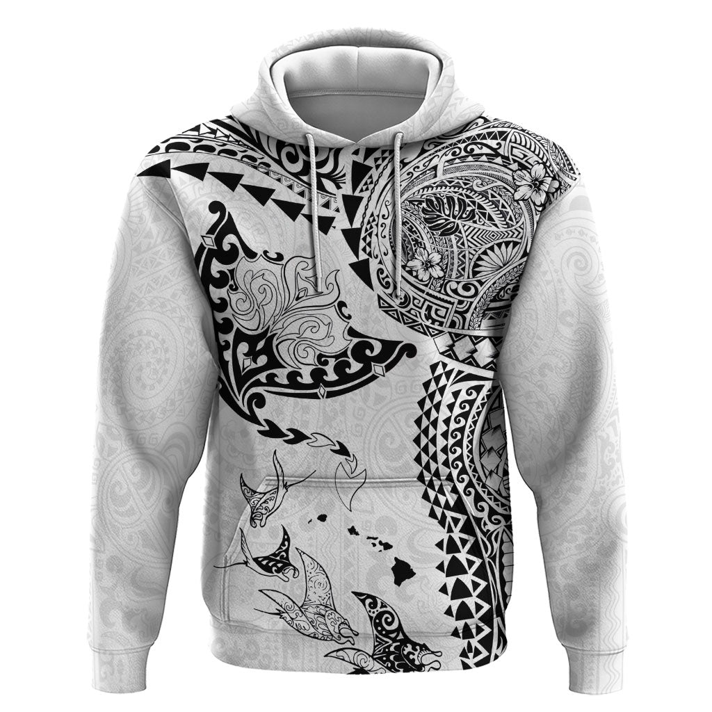 Hawaiian Manta Ray Tribal Hoodie Polynesian Art Motifs White Color
